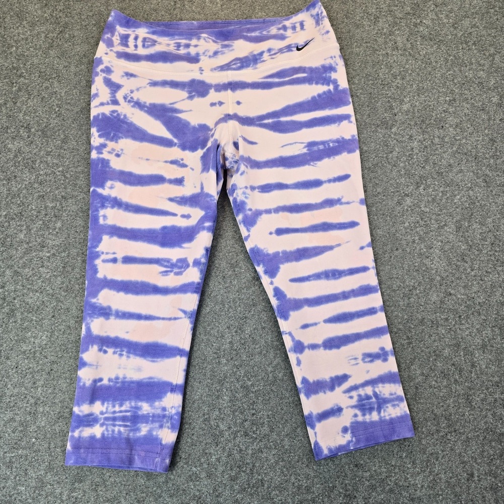 Nike Dri Fit Crop Leggings Womens Large Purple Tie Dye Stretch Athletic Workout